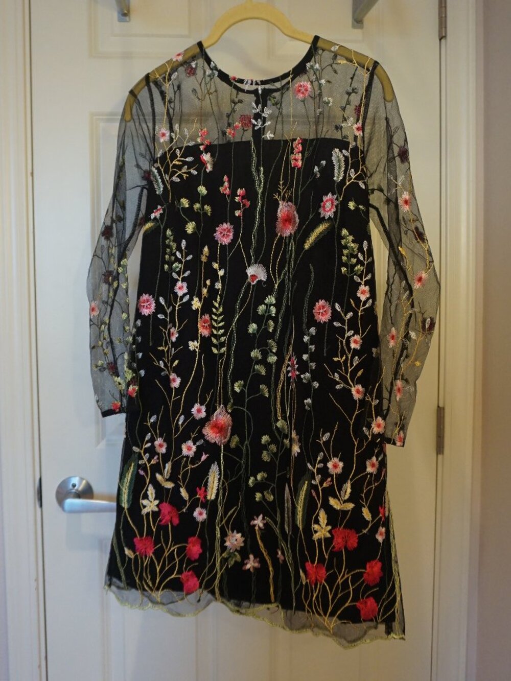 Love Ady | Black Floral Embroidered Long Sleeve Mini Dress | Size S